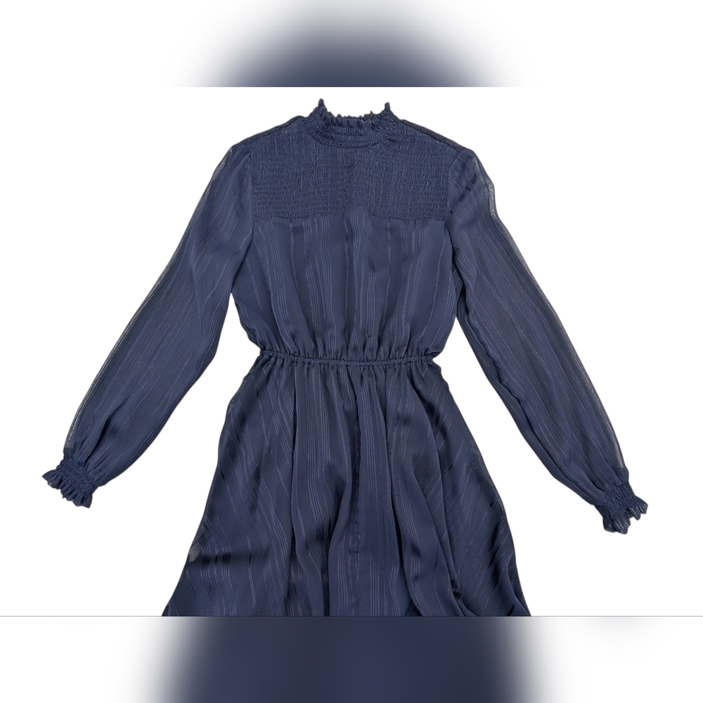 NWT Nanette Lepore Size 2 Navy Blue Asymmetrical Dress High Neck Clinched Waist - Picture 6 of 14
